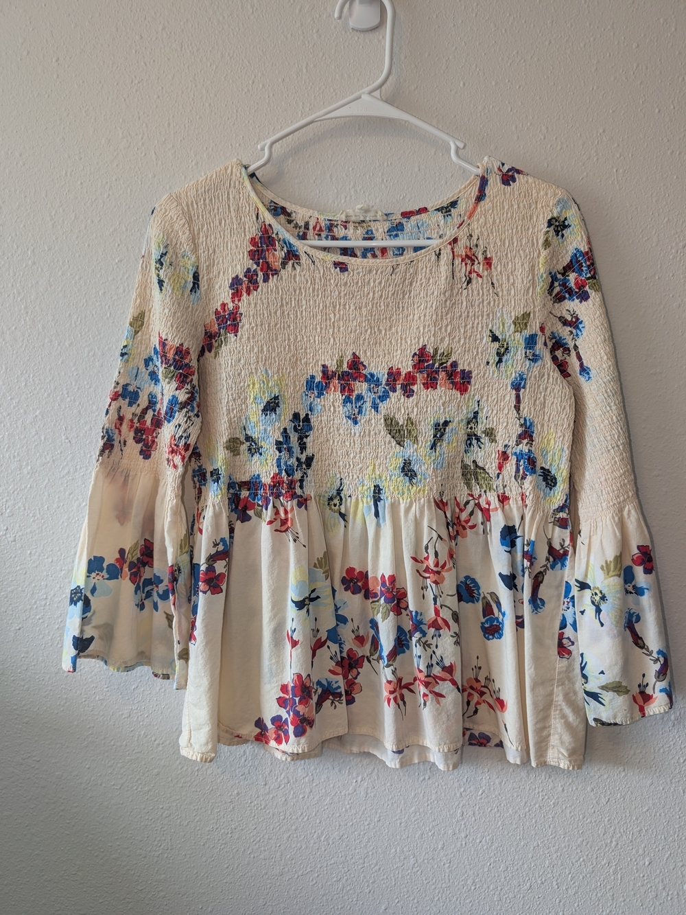 Jane and Delancey Cream Floral Smocked Peasant Top with Blue & Red Accents
